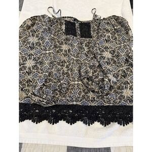 Patterned Spaghetti Strap Cold Shoulder Top with Lace Hem